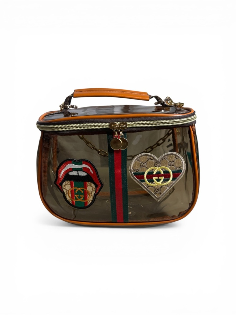 Stylish G transparent bag featuring a chic brown trim and elegant gold chain.
